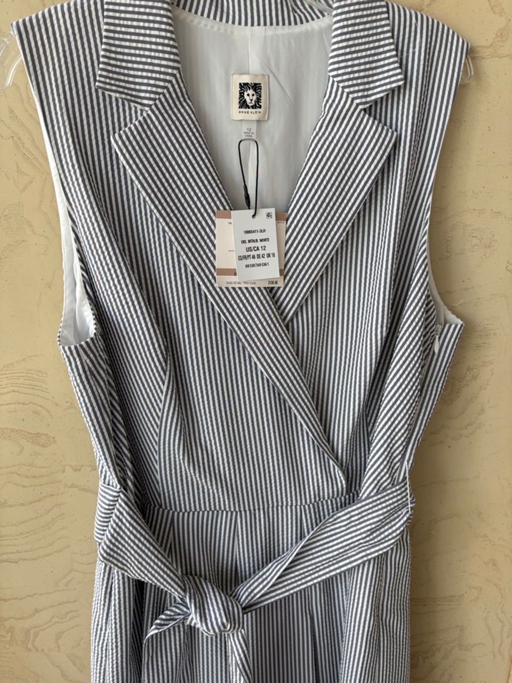 Anne Klein Mtn Blue and White Striped, Pleated Sleeveless Midi Dress with Tie - Picture 3 of 6